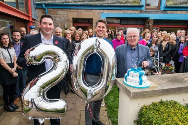 Maggies Centre Edinburgh celebrates its 20th birthday. 
L-R MSP Miles Briggs, centre head Andrew Anderson and architect Richard Murphy. Picture: Ian Georgeson