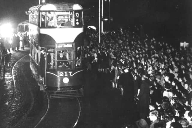 The last tram entering Princes Street at the Mound, 1956.