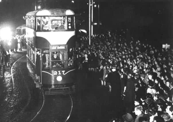 The last tram entering Princes Street at the Mound, 1956.