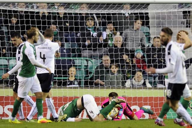 Hibs could only find their way past goalkeeper Danny Rogers once on Saturday despite having 20 shots at the Falkirk goal. Pic: Michael Gillen