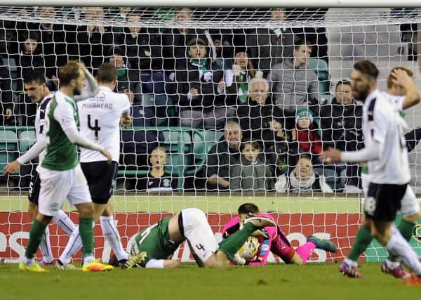 Hibs could only find their way past goalkeeper Danny Rogers once on Saturday despite having 20 shots at the Falkirk goal. Pic: Michael Gillen