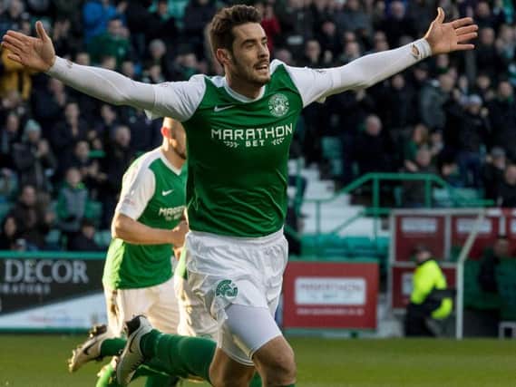 Hibs striker Brian Graham celebrates after firing the Easter Road side ahead in only the seventh minute against Queen of the South