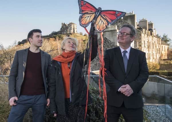 Anthony McCluskey from Butterfly Conservation Scotland, Leonie Alexander, from RBGE and Hamish Torrie from distiller Glenmorangie, which is hoping to attract the Northern Brown Argus to its Edinburgh office roof. Photograph: Phil Wilkinson