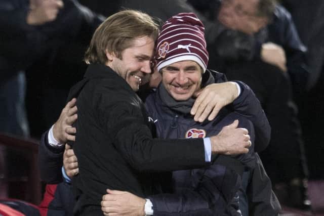 Hearts head coach Robbie Neilson and assistant Stevie Crawford celebrate
