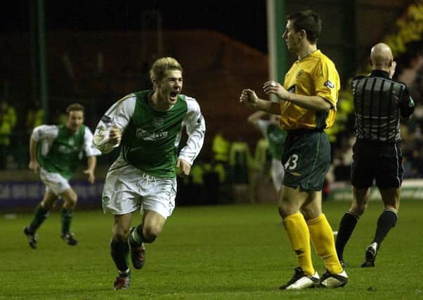 Kevin Thomson celebrates after beating Celtic keeper Rab Douglas from 20 yards