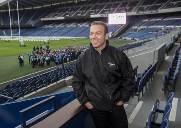 Sir Chris Hoy joins SAMH staff and service users at Murrayfield Stadium to take part in a Walk A Mile event whilst discussing mental health. Picture; 

Lenny Warren