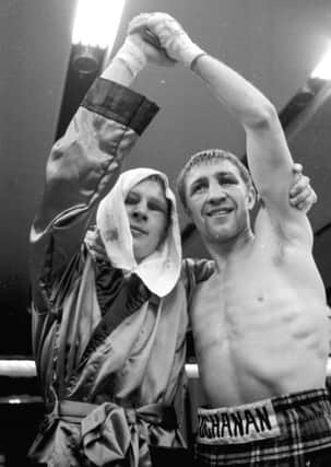Scottish boxers Jim Watt and Ken Buchanan after their bout at the Albany Hotel in Glasgow in January 1973. Picture: TSPL