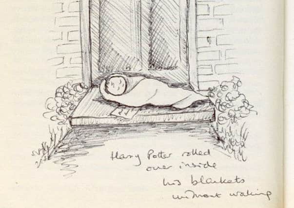 A sketch of Harry asleep on the Dursleys' doorstep