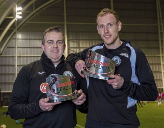 Edinburgh City manager Gary Jardine (left) and Marc Laird are presented with the Ladbrokes League Two Manager and Player of the Month awards for November at Oriam