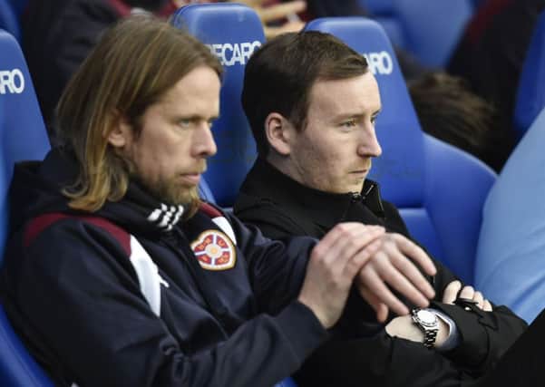 Hearts manager Ian Cathro, right, with Austin MacPhee