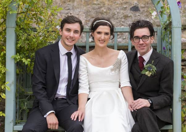 Helen and Raff Eragona, right, on their wedding day with stem cell donor Ben Potts, left. Picture: Jeremy Abrahams