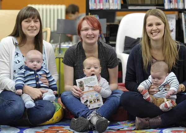 Three Jack with mums L-R Hazel McMillan with Jack (aged 3 months), Amy Lennox with Jack (aged 8 months) and Jenny O'Shea with Jack (aged 5 months)