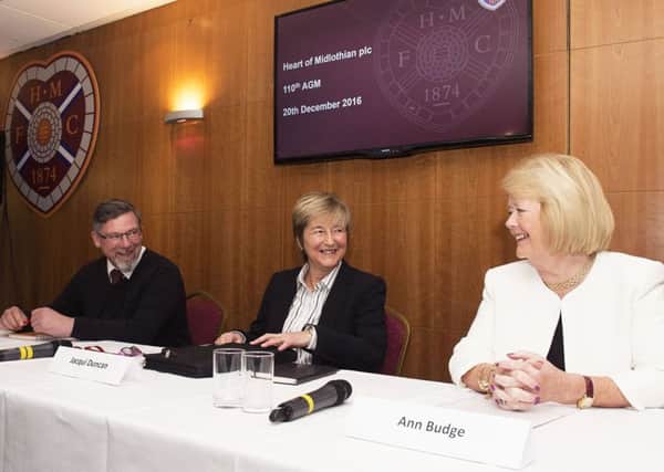 Director of football Craig Levein, head of finance Jacqui Duncan and Hearts owner Ann Budge share a joke ahead of the agm at Tynecastle