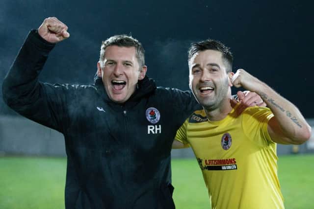 Bonnyrigg manager Robbie Horn celebrates with Adam Nelson after they defeated Dumbarton earlier this month. Pic: Robert Perry