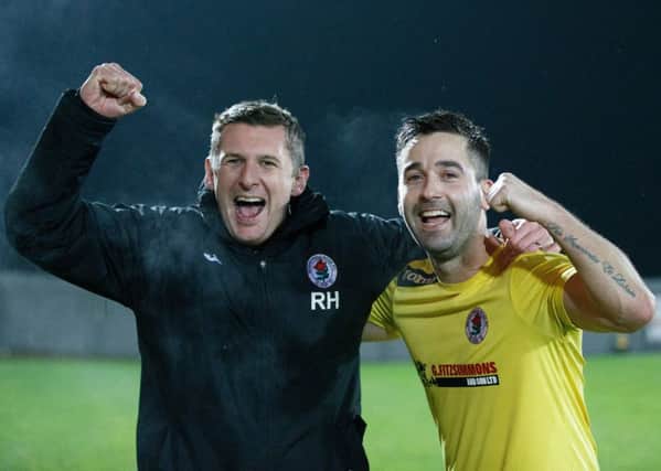 Bonnyrigg manager Robbie Horn celebrates with Adam Nelson after they defeated Dumbarton earlier this month. Pic: Robert Perry