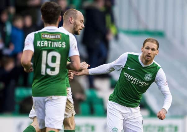 Martin Boyle, right,, is congratulated by Hibs captain David Gray after scoring the equaliser against Raith Rovers with just two minutes remaining on the clock.