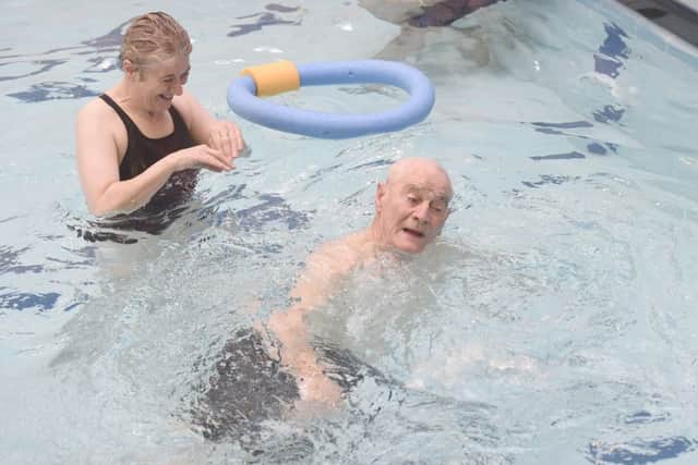 Pic Greg Macvean - 13/12/2016 - 90 year old Jimmy Johnston who is taking swimming lessons at Portobello Swimming Centre.  Also pictured with his is his daughter Roslyn Johnston