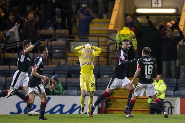 Dundee's Marcus Haber scores a late winner to floor Hearts. Pic: SNS