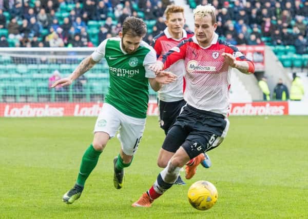 James Keatings, left, made his first Hibs appearance in two months against Raith last weekend. Pic: Ian Georgeson