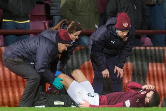 Callum Paterson was in agony at Tynecastle last night. Pic: Ian Georgeson