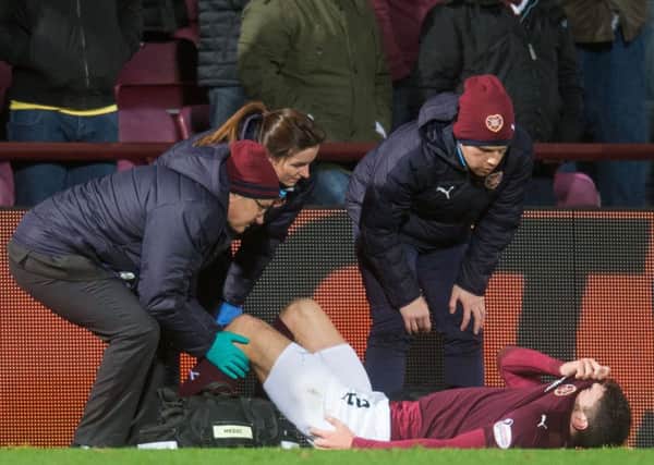 Callum Paterson was in agony at Tynecastle last night. Pic: Ian Georgeson