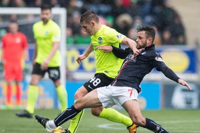 Hibs kid Scott Martin battles with former Easter Road midfielder Tom Taiwo in today's game against Falkikr
