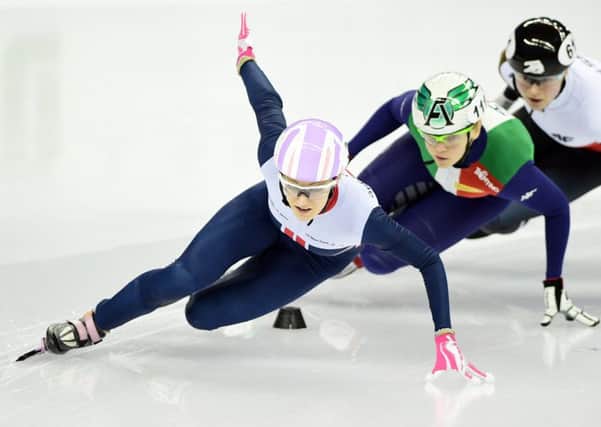 Elise Christie, in front, is now the woman to catch after breaking the 500m record in Salt Lake City. Pic: Getty