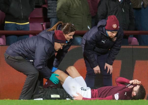 Callum Paterson winces in pain after rupturing his ACL against Kilmarnock. Pic: Ian Georgeson