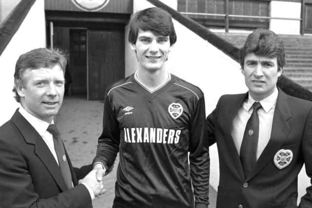 Sandy Jardine, right, and Alex Macdonald welcome Craig Levein to Hearts in 1983