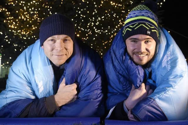 Sir Chris Hoy and Josh Littlejohn of Social Bite joined over 250 eminent Scots on the Sleep Out.