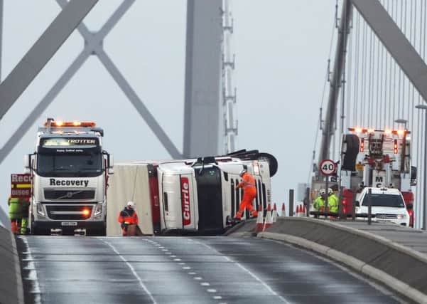 The overturned lorry has closed the Forth Road Bridge. Picture: PA