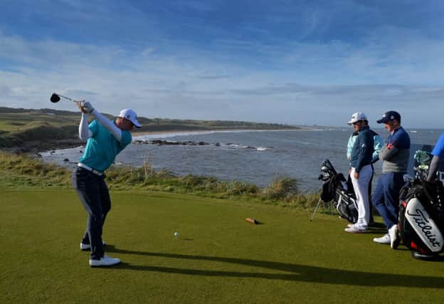 Grant Forrest  plays his tee shot to the 16th during the Alfred Dunhill Links Championship at Kingsbarns Golf Links. Picture: Getty