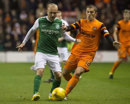Dylan McGeouch sheilds the ball from Dundee United's Charlie Telfer. Picture: SNS