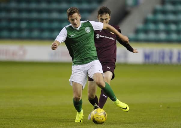 Jamie Gullan scored three times for Hibs at Netherdale. Pic: TSPL
