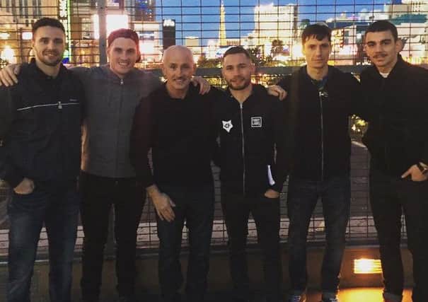 Josh Taylor, left, with his team and Carl Frampton, third right, in Vegas. Taylor will fight on Framptons undercard next weekend