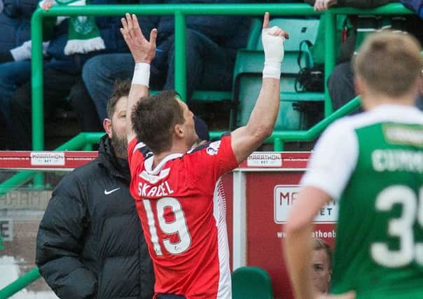 Rudi Skacel gestures to the Hibs fans at Easter Road. Pic: Ian Georgeson