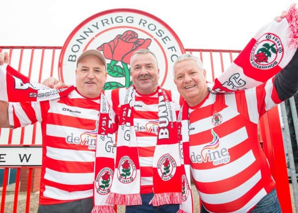Bonnyrigg Rose fans from across the globe have traveled to see their team take on Hib. Stephen Dunleavy from New York, Jake Turnbull from Australia, and George Bell from Dominican Republic. Picture: Ian Georgeson