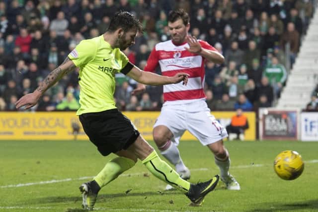 Keatings fires home his second goal and Hibs seventh
