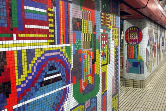 "Tottenham Court Road stn Central line mosaic" by Eduardo Paolozzi -