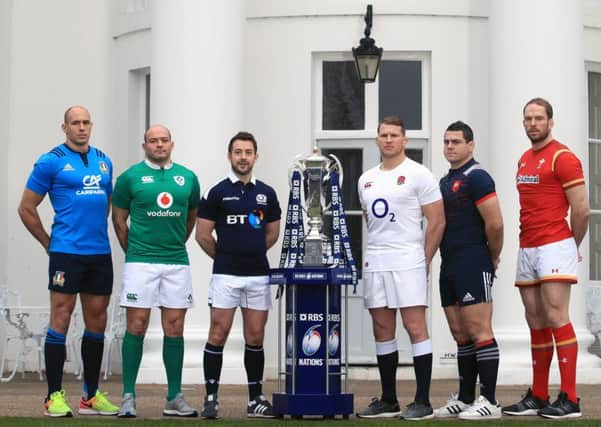 From left to right: Six Nations captains Sergio Parisse (Italy), Rory Best (Ireland), Greig Laidlaw (Scotland), Dylan Hartley (England), Guilhem Guirado (France) and Alun Wyn Jones (Wales) pose next to the trophy at The Hurlingham Club, London. Picture: John Walton/PA Wire.
