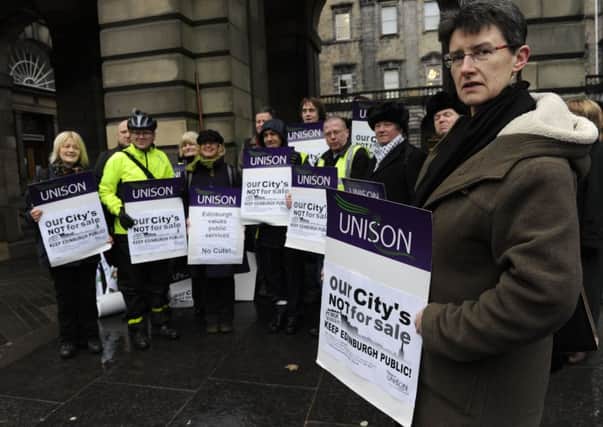 Union members protest against council cuts outside the City Chambers, Edinburgh. Ann Henderson, Assistant Secretary at the Scottish TUC.