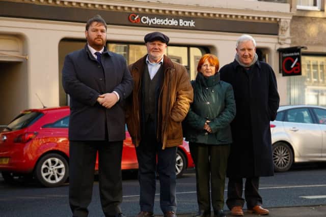 Owen Thompson MP, Colin Beattie MSP, Cllr Margot Russell and Cllr Jim Bryant outside The Clydesdale Bank branch in Dalkeith High St