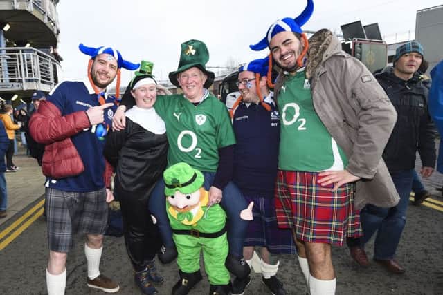 Scotland and Ireland fans mingle before the match at Murrayfield. Picture: SNS