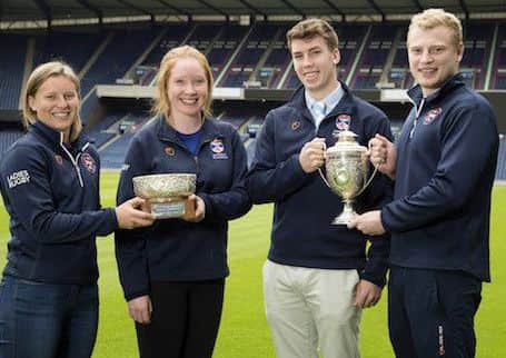 Edinburgh University Women's Rugby Captain Sarah Law, St Andrews Women's Rugby President Naomi Boon, Captain of St Andrews Scott Docherty and Edinburgh Captain Nick Stephen