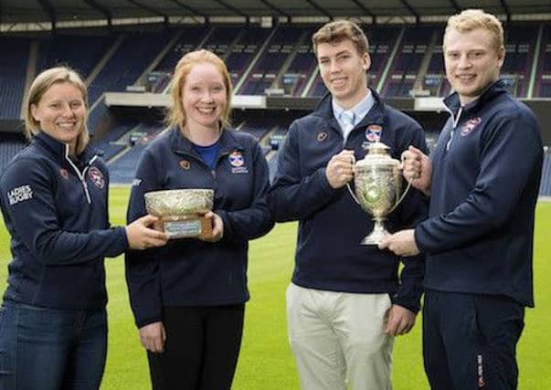 Edinburgh University Women's Rugby Captain Sarah Law, St Andrews Women's Rugby President Naomi Boon, Captain of St Andrews Scott Docherty and Edinburgh Captain Nick Stephen
