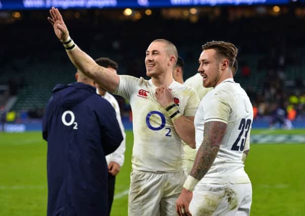 Mike Brown and Jack Nowell celebrate England's victory. Picture: Getty.