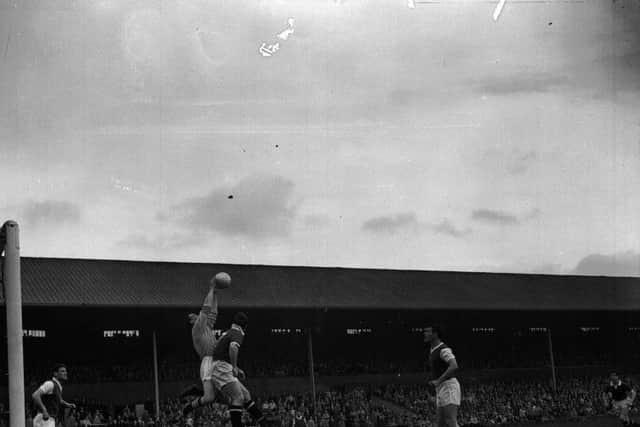 Hearts v Hibs at Tynecastle in May 1963 - Hibs keeper Ronnie Simpson saves.