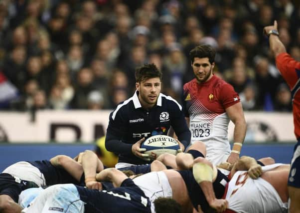 Scotland's scrum half Ali Price plays a scrum during the Six Nations international rugby union match between France and Scotland at the Stade de France in Saint-Denis, on February 12, 2017. / AFP PHOTO / Martin BUREAUMARTIN BUREAU/AFP/Getty Images
