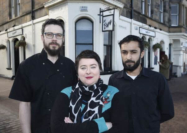 City businesses are  unhappy about the huge rise in business rates - Amanda Caygill, who owns bar restaurant Espy in Portobello, pictured here with chef Luke Hazelwood and maitre'd AJ Qureshi, is facing a bill more than five times last year's.
