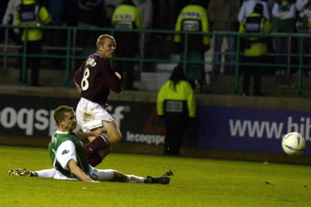 Phil Stamp scores his dramatic late winner at Easter Road in November 2002